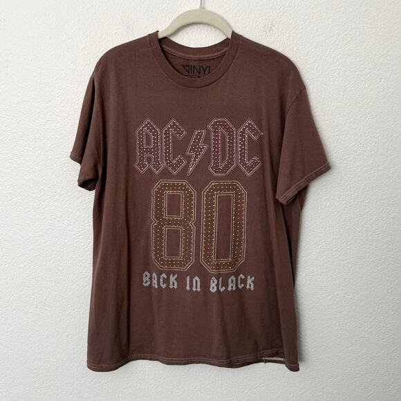 [Vinyl Icons] Brown ACDC Back in Black Studded Graphic Tee T-Shirt Size Medium M - Picture 1 of 10